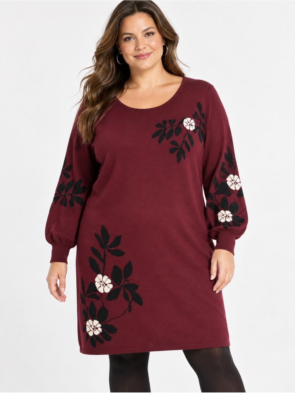 Nina Leonard 3X Burgundy Floral Sweater Dress Balloon Sleeve Plus Size